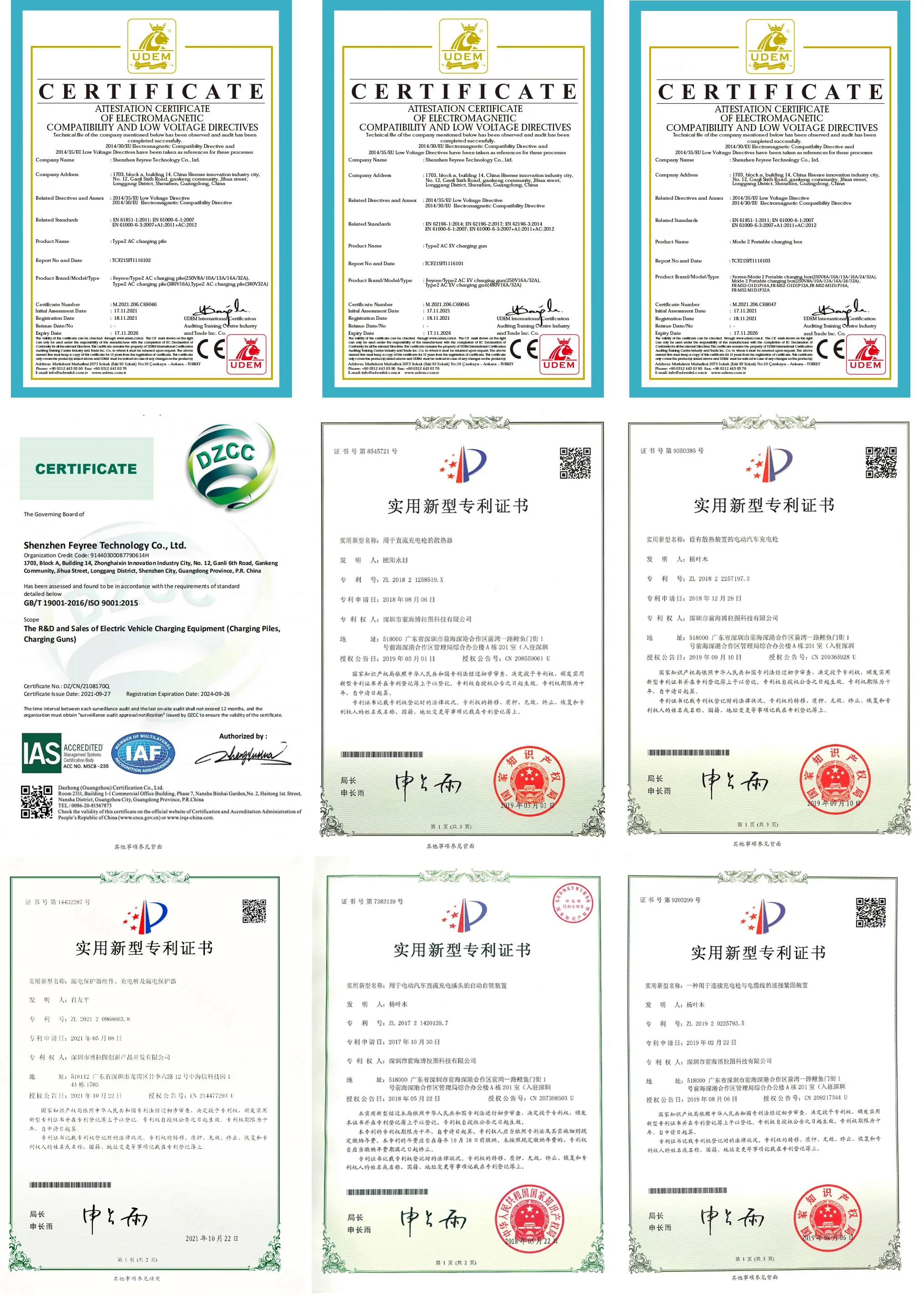 Collection of CE, EMC, and patent certificates showcasing safety, quality, and R&D expertise for EV charging products.