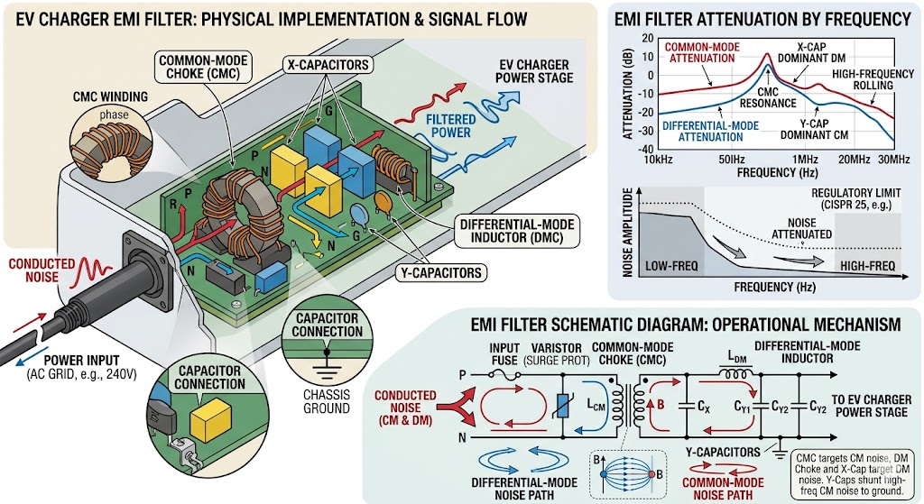 Detailed EMI filter layout for an EV charger with inductors, capacitors, and attenuation charts.