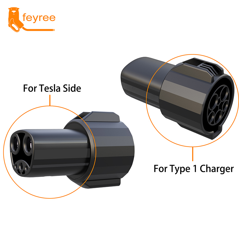EV charging adapter for converting a Type 1 (J1772) charger to a Tesla port, enabling seamless charging from any standard public station.
