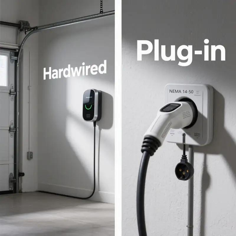 Comparison of a hardwired EV home charger versus a plug-in unit using a NEMA 14-50 outlet.