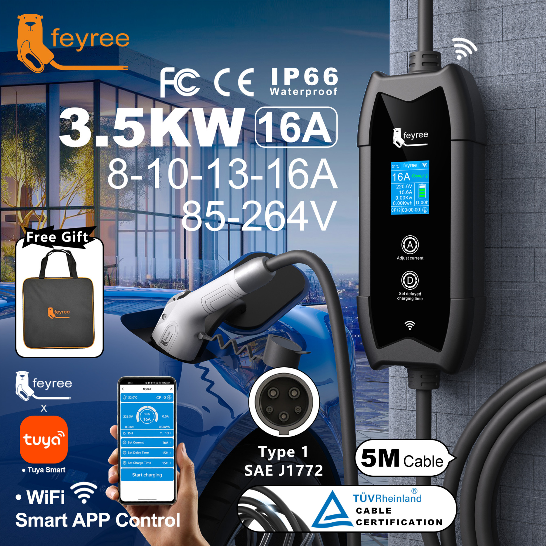 
Portable 3.5kW EV charger with a Type 1 SAE J1772 connector, a 5-meter cable, and Wi-Fi smart app control, shown with its included carrying bag.