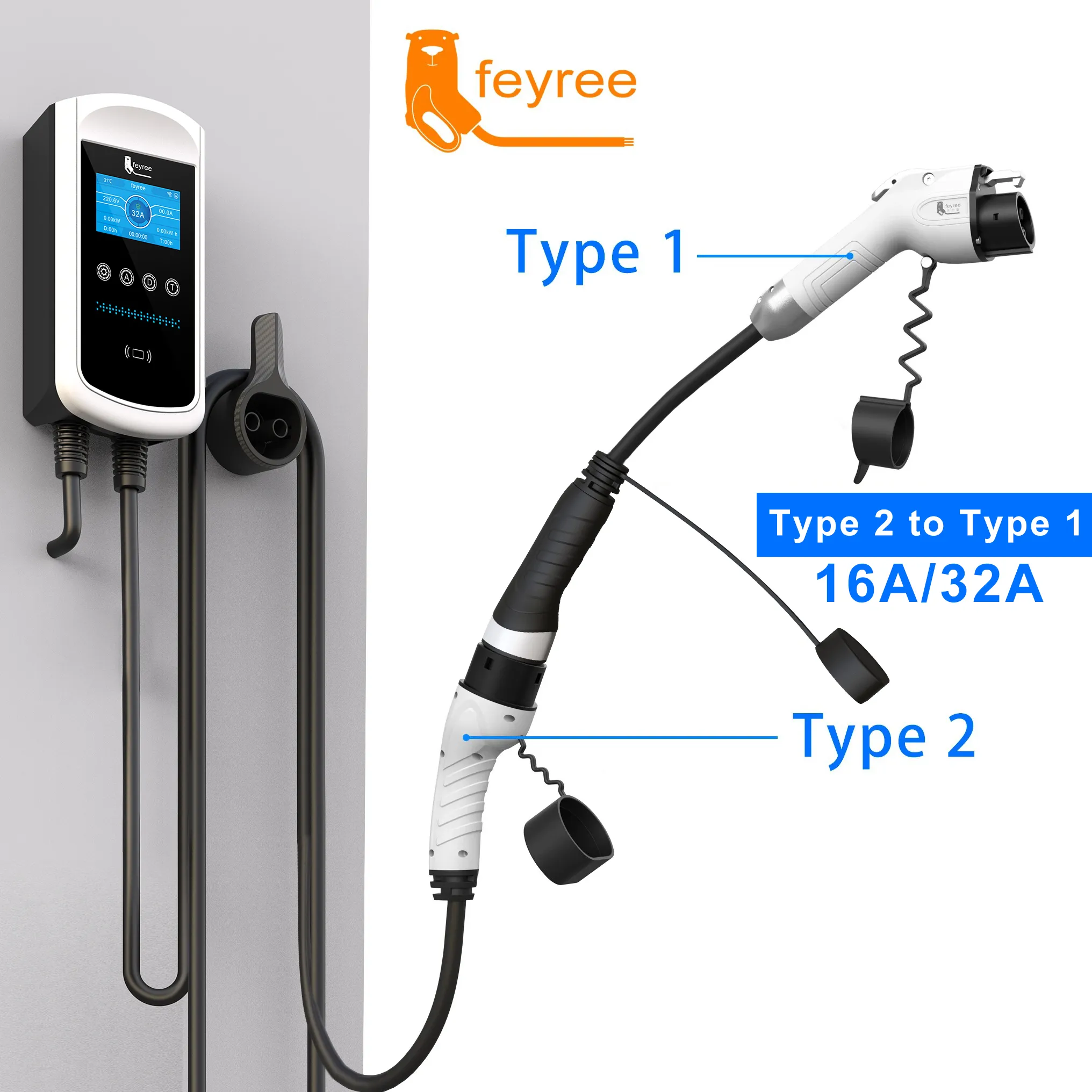 16A/32A Type 2 to Type 1 adapter cable for connecting Type 1 EVs to a smart Type 2 wallbox for fast, universal home charging.