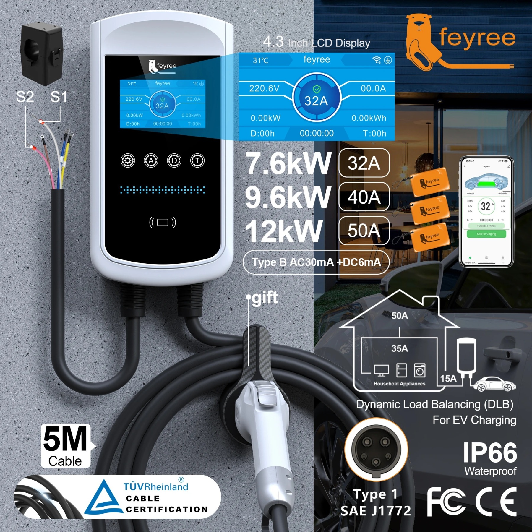 feyree Type1 32A 7.6kW EVSE Wallbox 4.3inch screen Dynamic Load Balancing 40A9.6kW50A12kW EV Charger Smart APP with Charging LOG