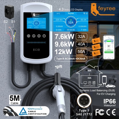 feyree Type1 32A 7.6kW EVSE Wallbox 4.3inch screen Dynamic Load Balancing 40A9.6kW50A12kW EV Charger Smart APP with Charging LOG