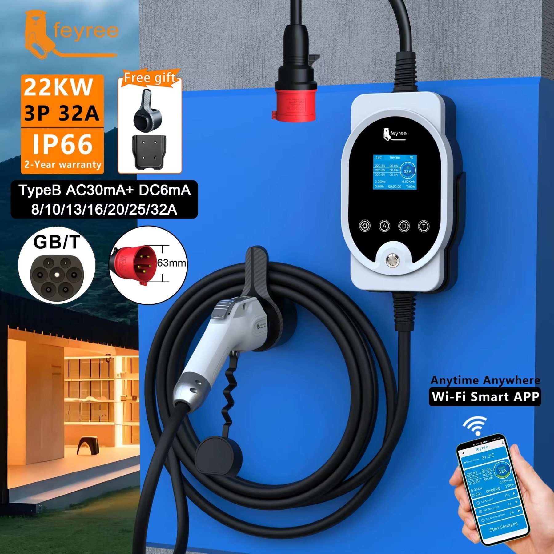 feyree 22KW GB/T Portable EV Charger 32A 3Phase With APP Control
