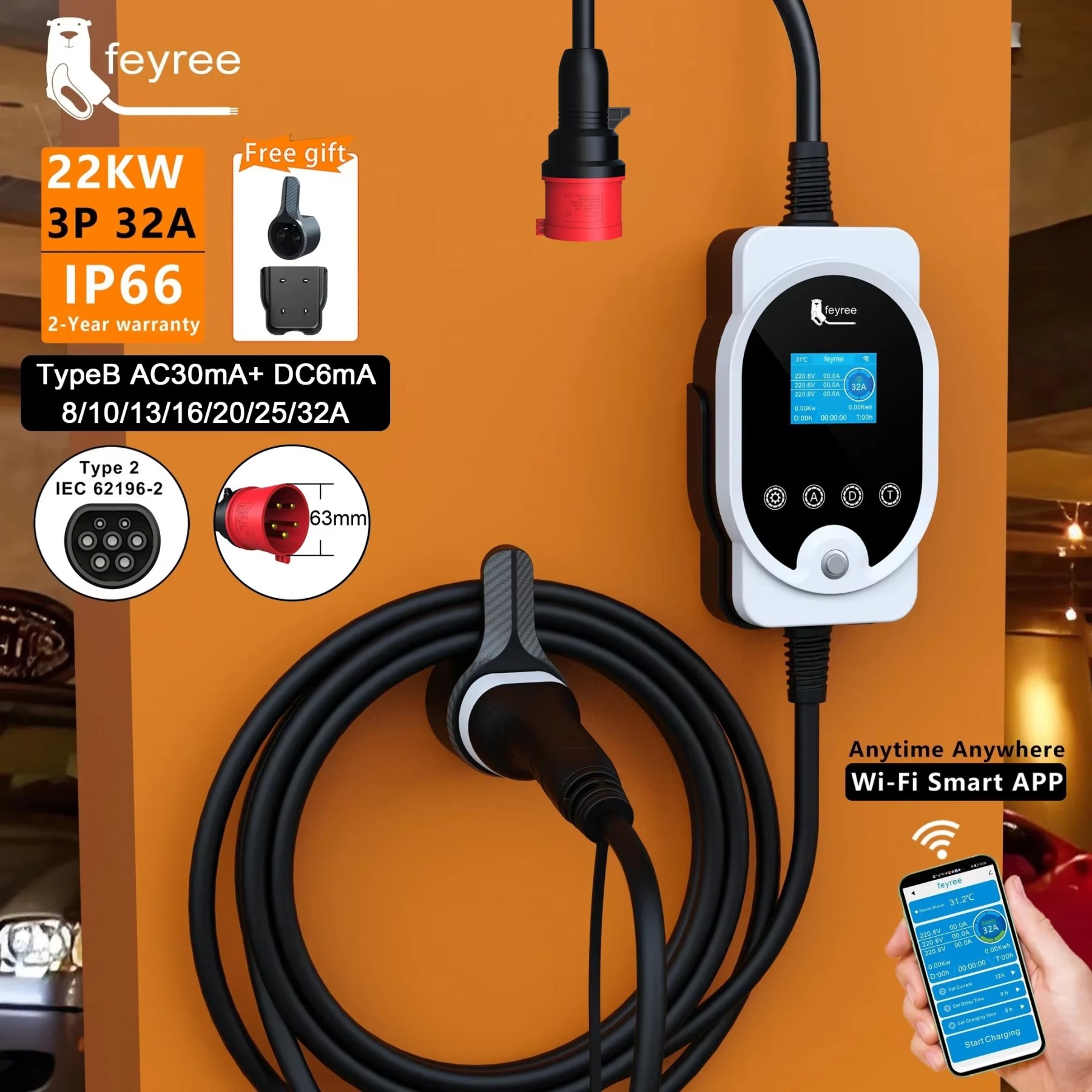 
Wall-mounted smart EV charger for efficient home charging. The image shows the 22kW, 3-phase unit with its included EV charger box holder, highlighting its Wi-Fi App functionality and ability to provide powerful Type 2 charging for a vehicle.