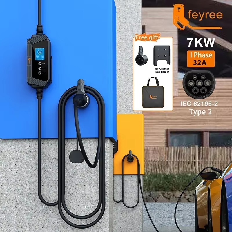 feyree 7KW Smart Portable EV charger Type2 Cable 32A 7KW Fast Charging for Electric Car with Adjusting Current Setting Charging Time