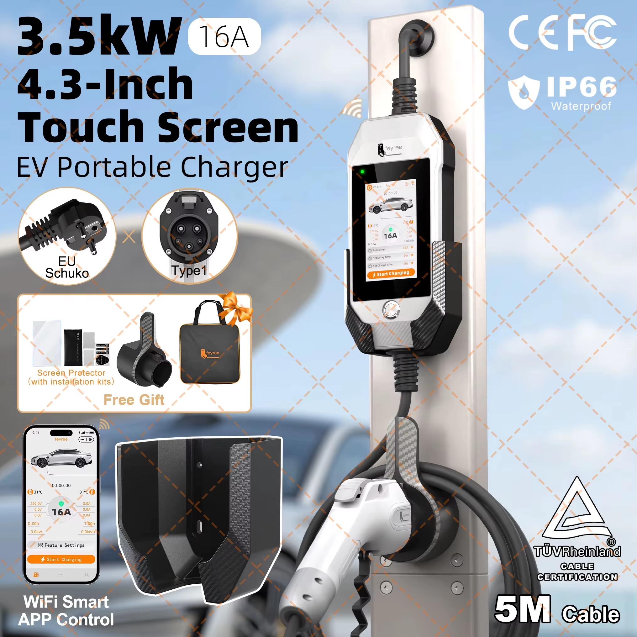 Feyree Type1 3.5kW 16A Portable EV Charger 4.3 inch Touch Screen Smart WIFI APP Remote Control Design AC EV Charging Station
