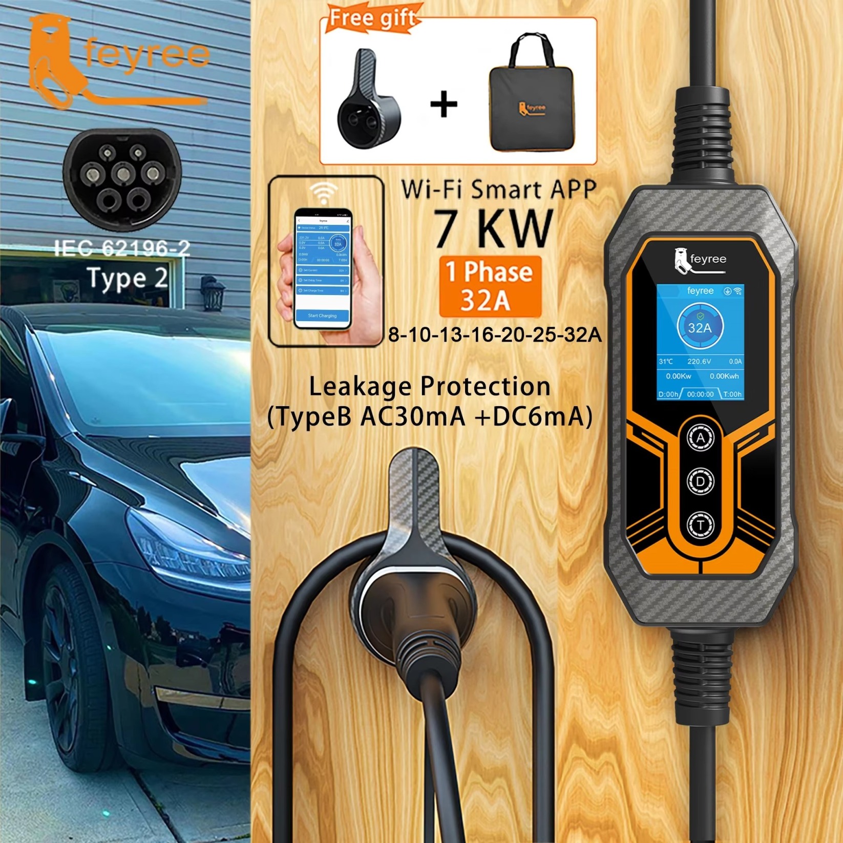 Smart Portable EV Charger 7kW 32A Type 2