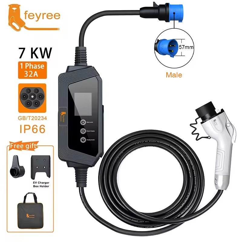 feyree GB/T EV Charger Portable 7KW 32A 1Phase Charger 5M Cable with CEE Plug for Electric Vehicle Car Charger EVSE Charging Box