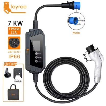 feyree GB/T EV Charger Portable 7KW 32A 1Phase Charger 5M Cable with CEE Plug for Electric Vehicle Car Charger EVSE Charging Box
