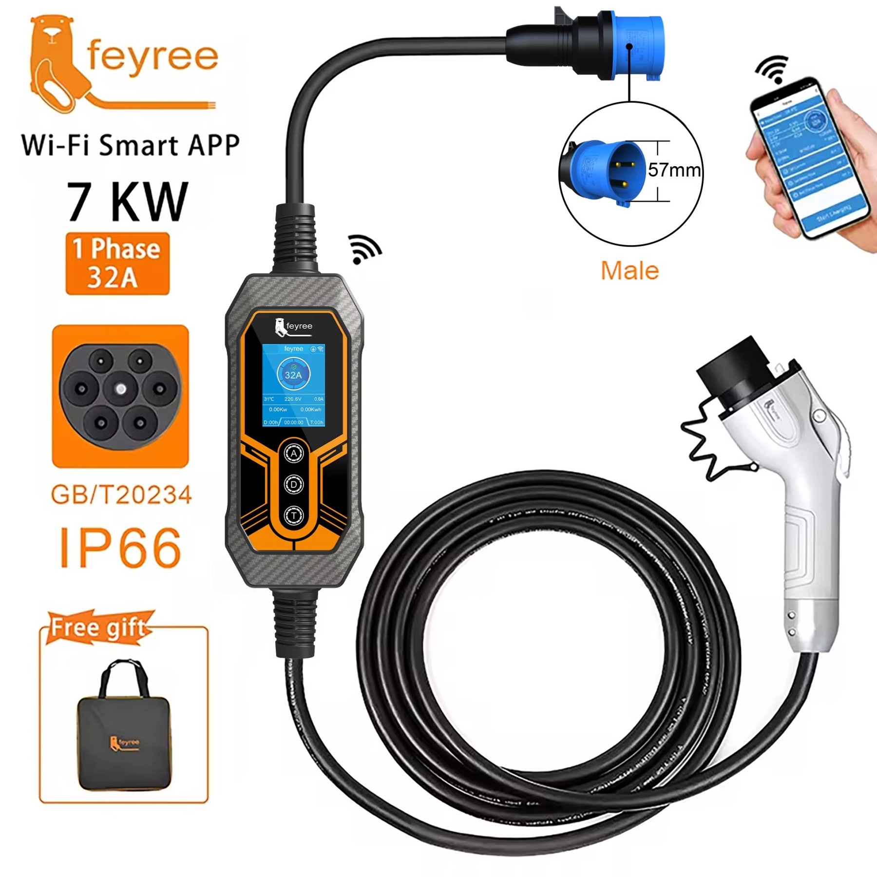 
Fast feyree 7kW 32A portable EV charger with Wi-Fi Smart App, GB/T plug, and IP66 durability for reliable home or road trip charging.
