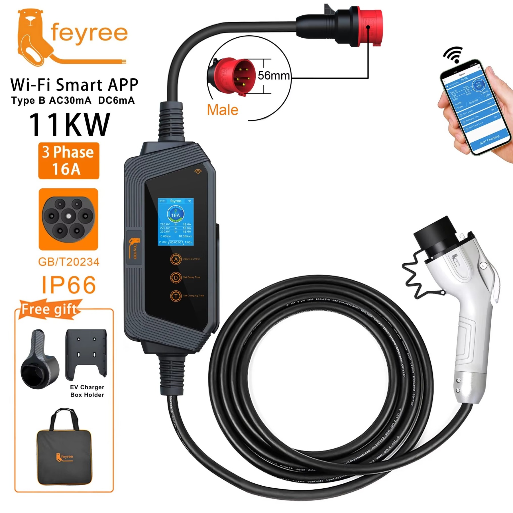 feyree 11KW GB/T Cord EV Portable Charger 11KW 16A 3Phase APP WIFI Control EVSE Charging Box 5m Cable CEE Plugfor Electric Vehicle Car