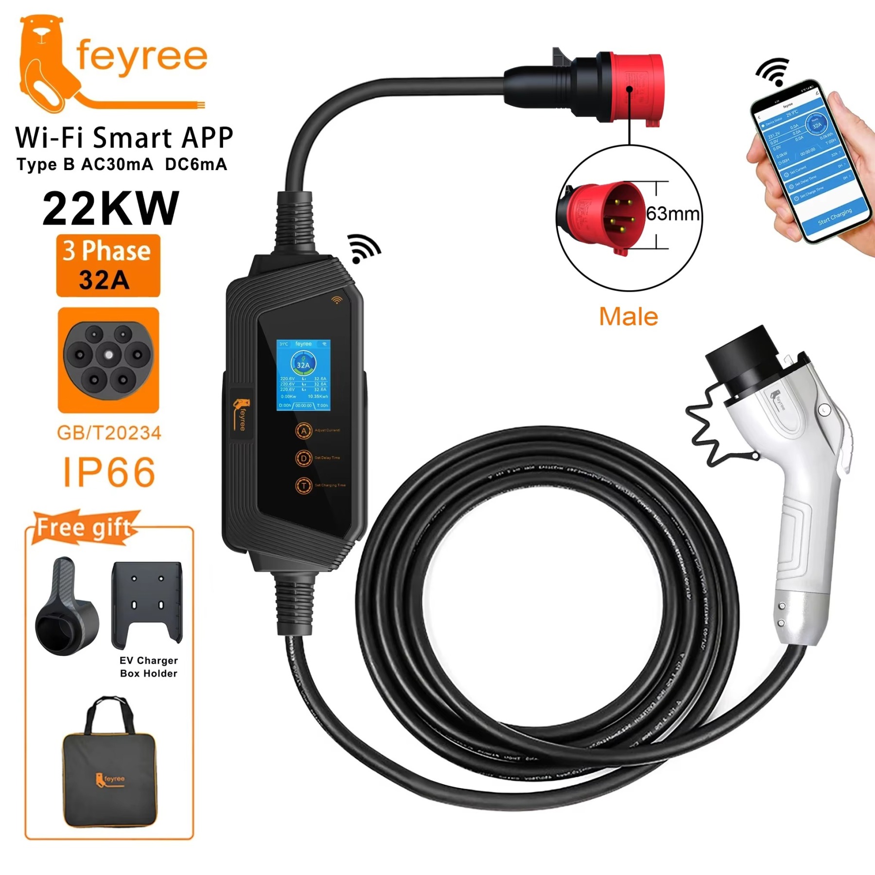 Wi-Fi enabled portable EV charger with an included holder and storage bag. It delivers 22kW 3-phase power.