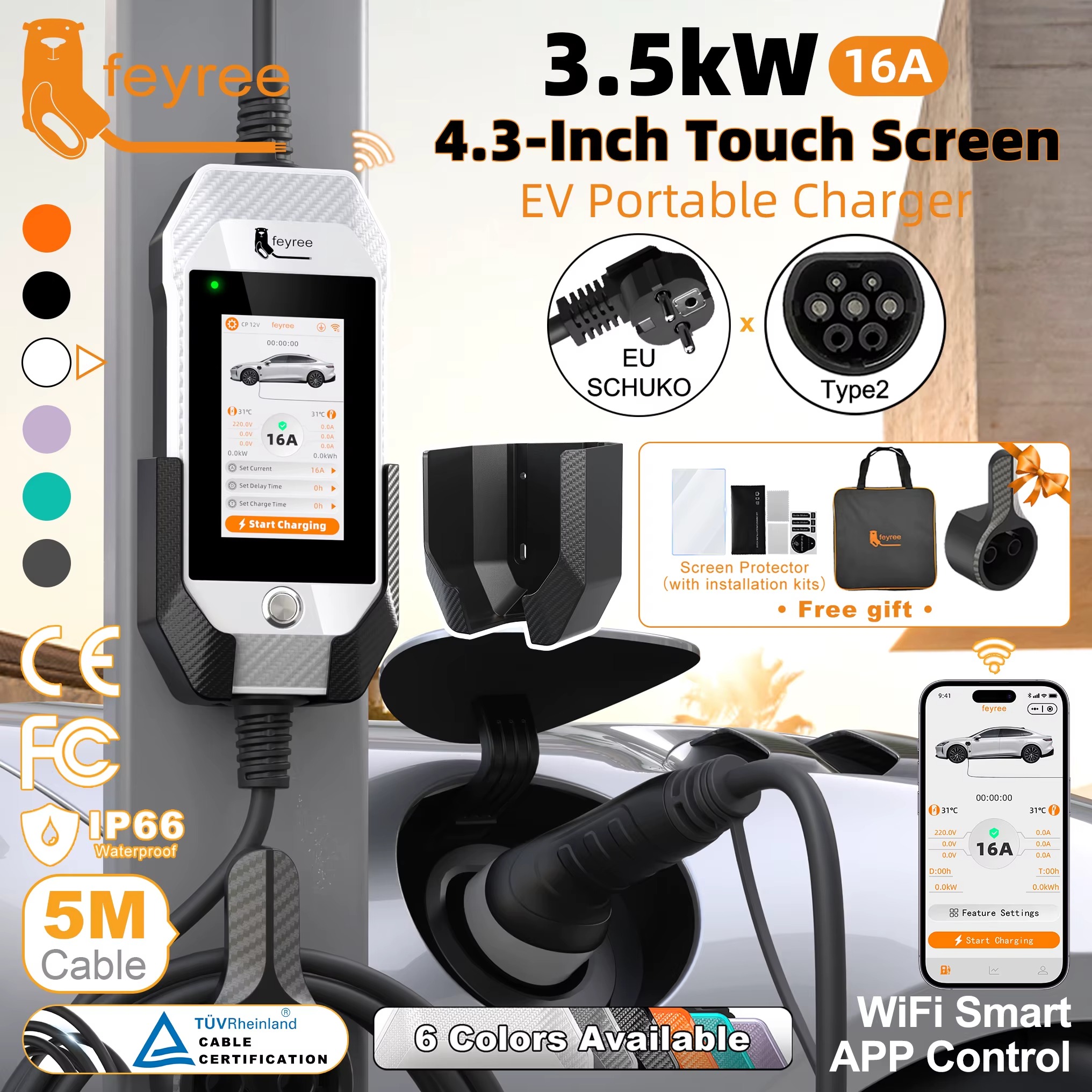 Feyree Portable EV Charger 3.5kW 16A Type 2 | 4.3' Touchscreen, WiFi APP Control, Charge History | 5M Cable for Electric Vehicle