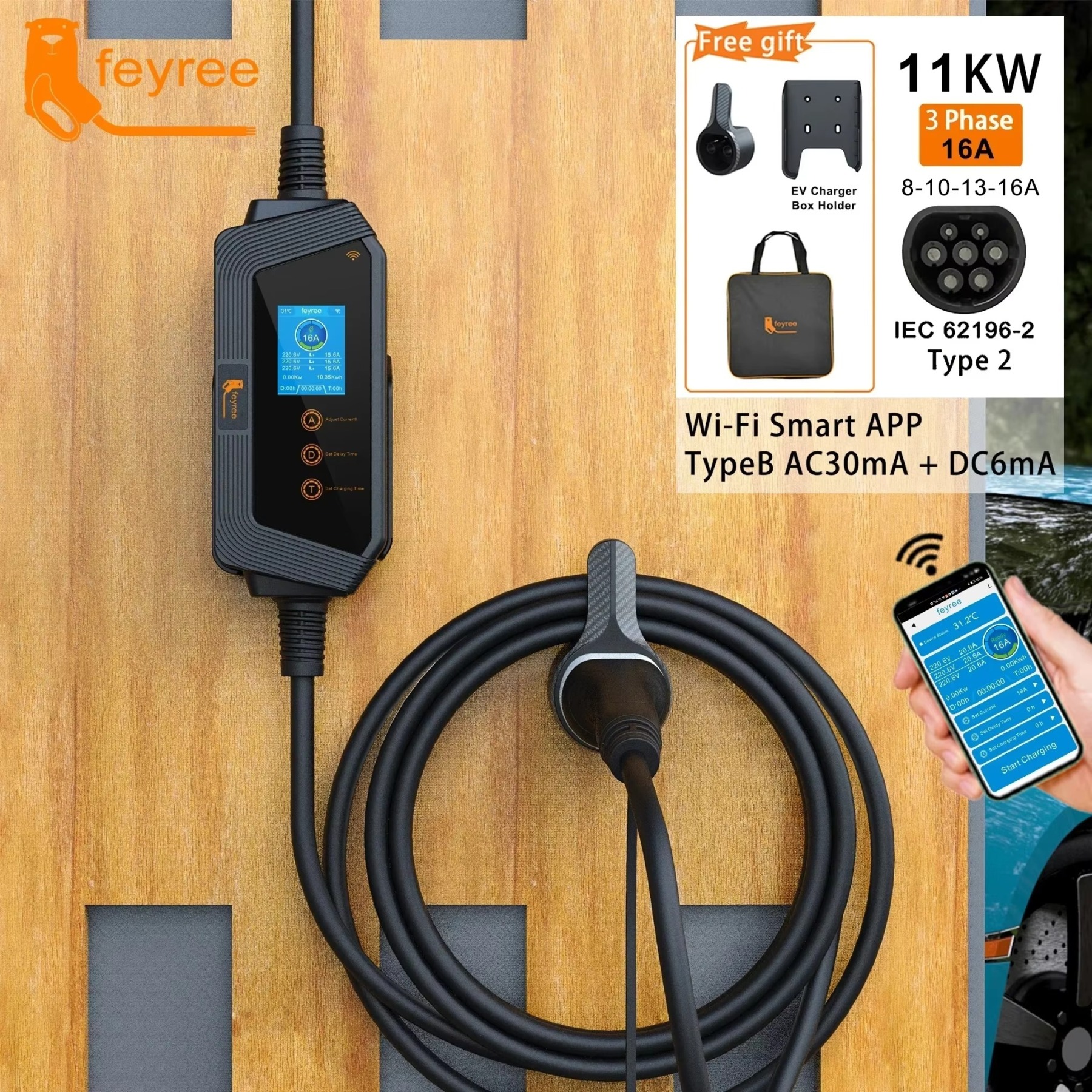 feyree Type2 11KW  Portable EV Charger 11KW 16A 3P Car Charger Wi-Fi APP Control EVSE Charging Box CEE Plug for Electric Vehicle