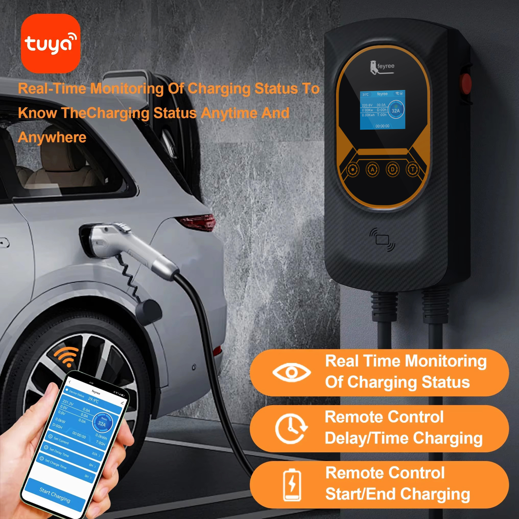 feyree EV Charger GB/T Socket EVSE Wallbox 32A 22KW 3Phase 16A 11KW Electric Vehicle APP Control Charging Station 7.6KW 5m Cable