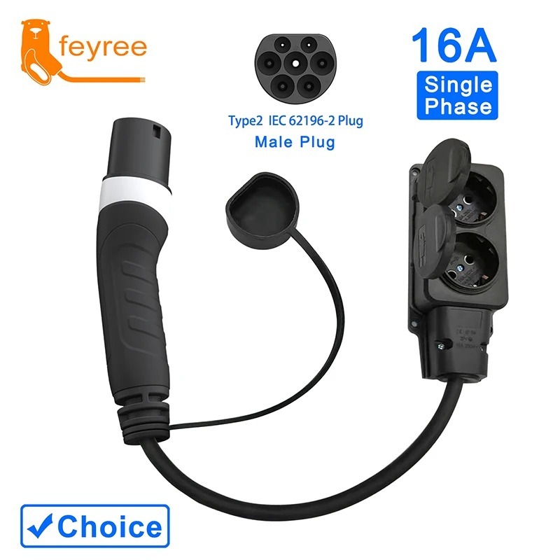 16A Single Phase Type 2 male plug EV adapter for safely connecting to outdoor dual European wall sockets.