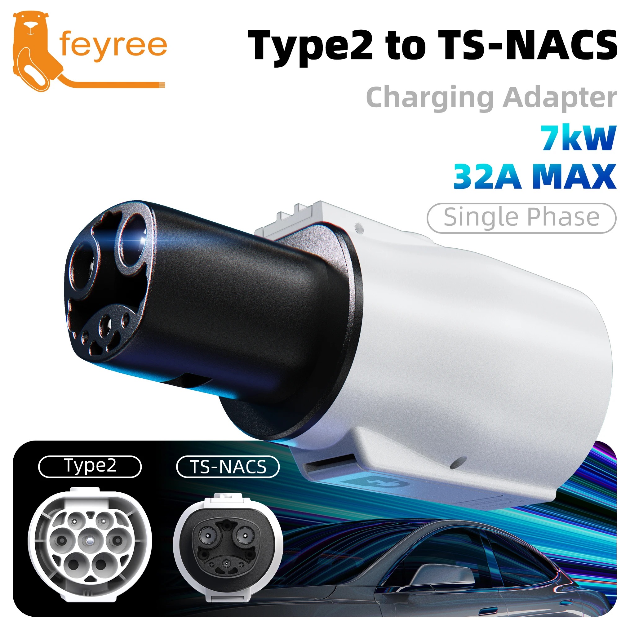 feyree Type 2 to NACS EV Charger Adapter 32A 7kW 1 Phase AC Charging Cable Connector for Tesla Electric Car Home Charging