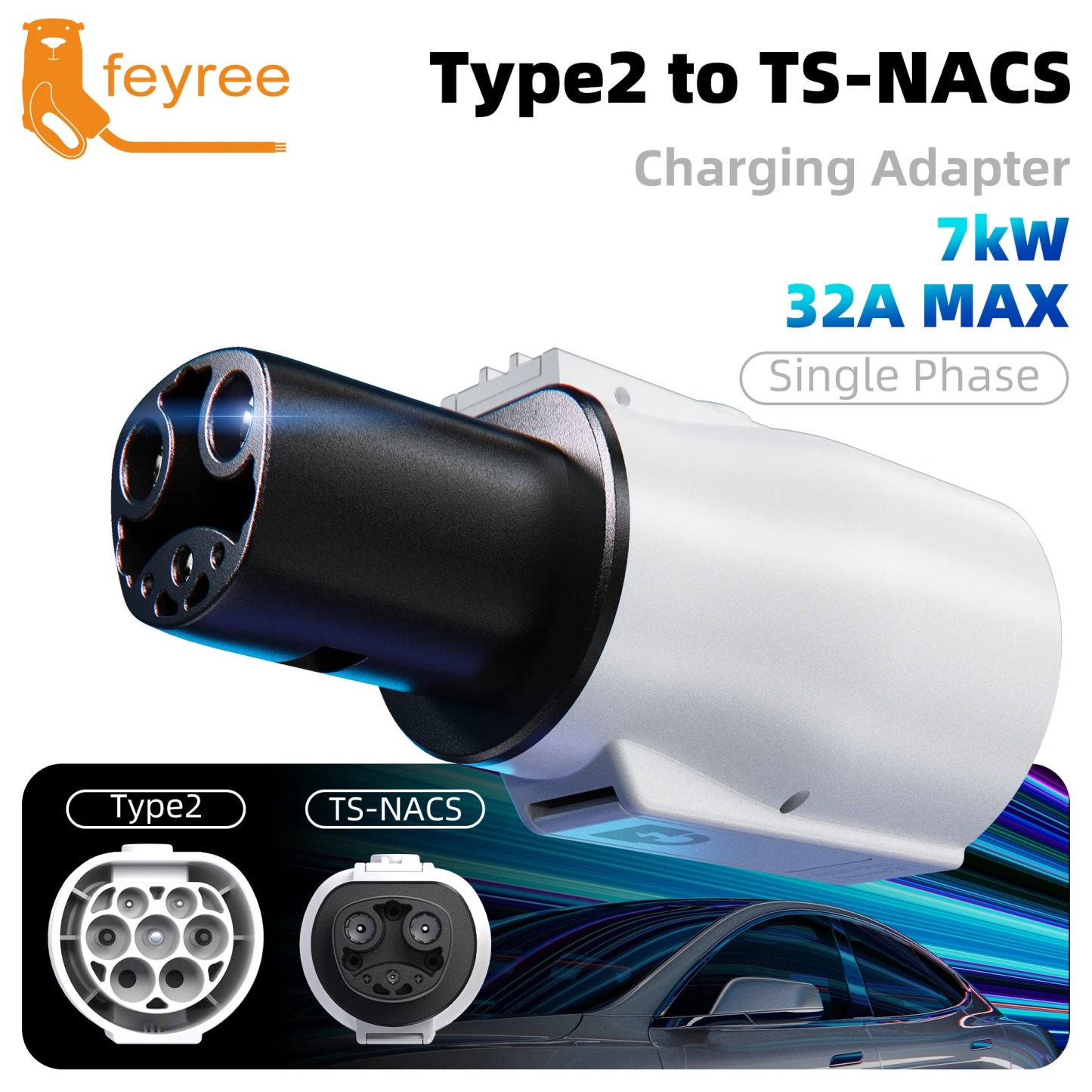 feyree Type 2 to NACS EV Charger Adapter 32A 7kW 1 Phase AC Charging Cable Connector for Tesla Electric Car Home Charging
