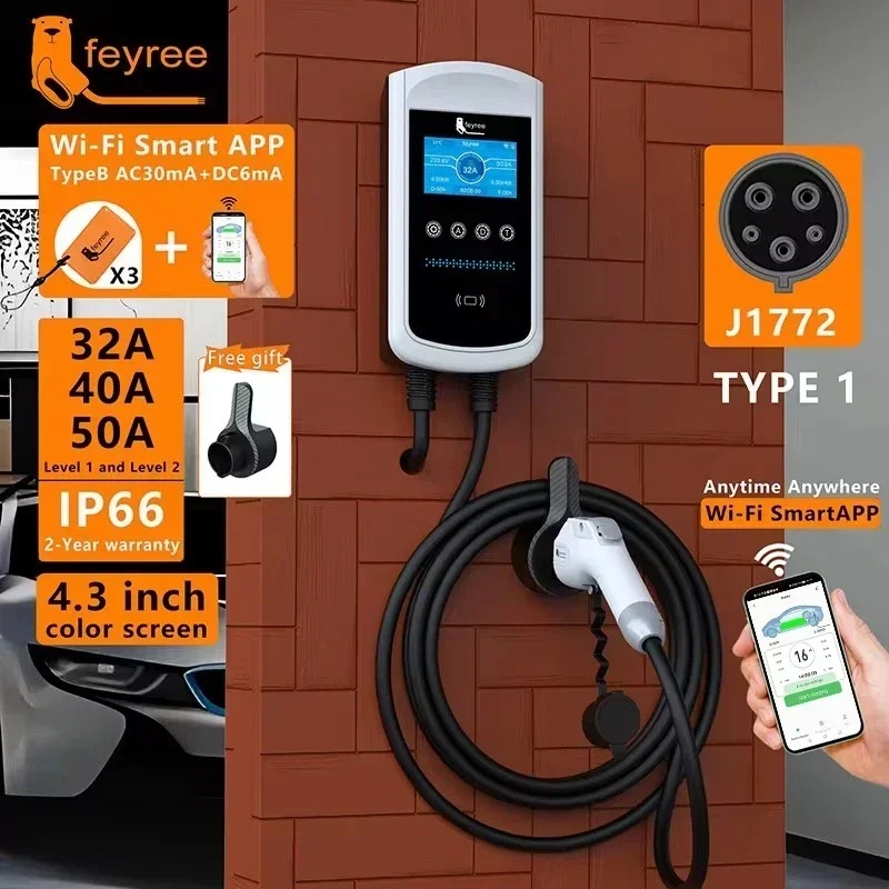 feyree Type1 EV Charging Station 7KW 9.6KW 12KW With APP Control 4.3″ Screen