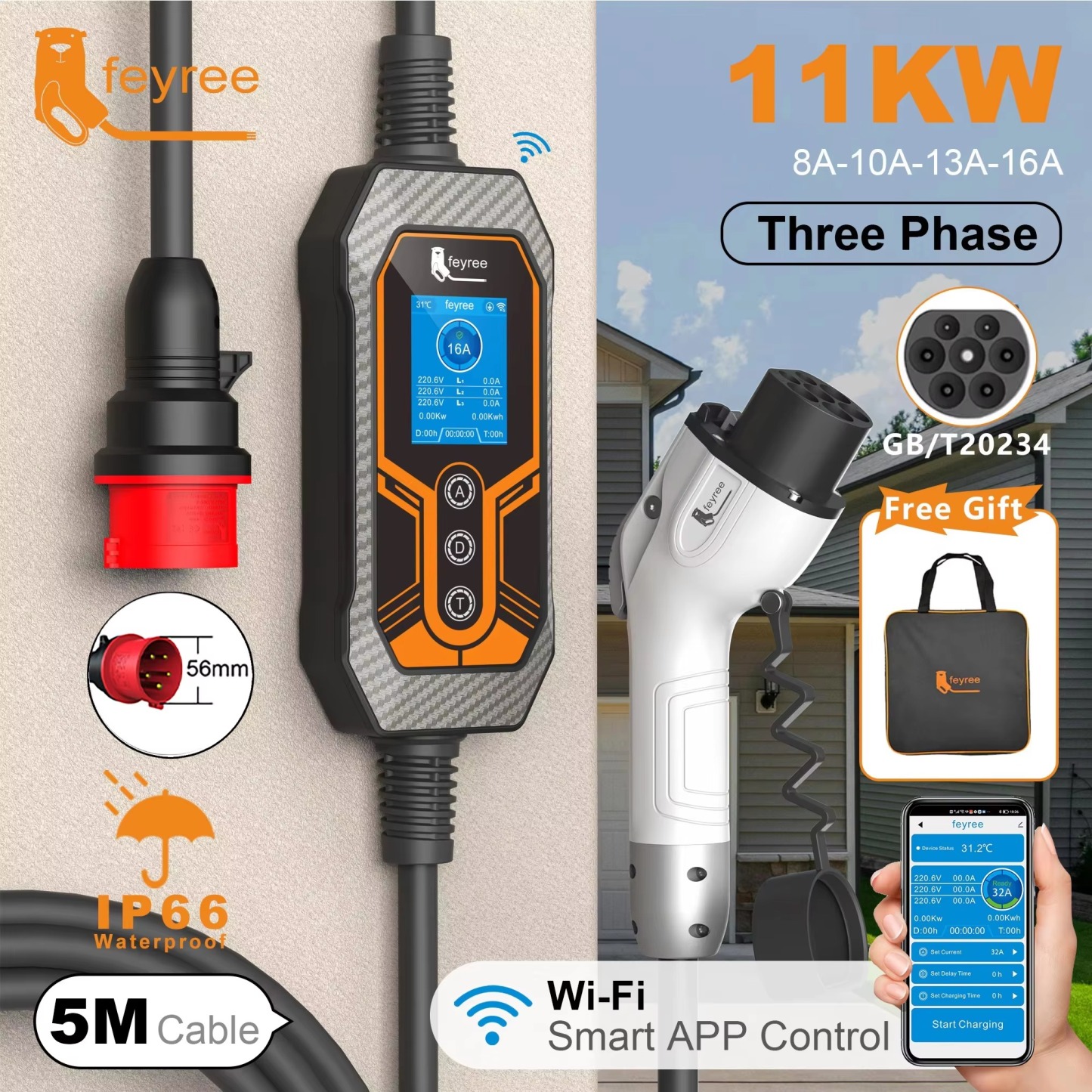 feyree GB/T 11KW 16A 3Phase Portable EV Charger Smart APP WIFI Version 5m Cable Gift Bag for Electric Vehicle Charging Station