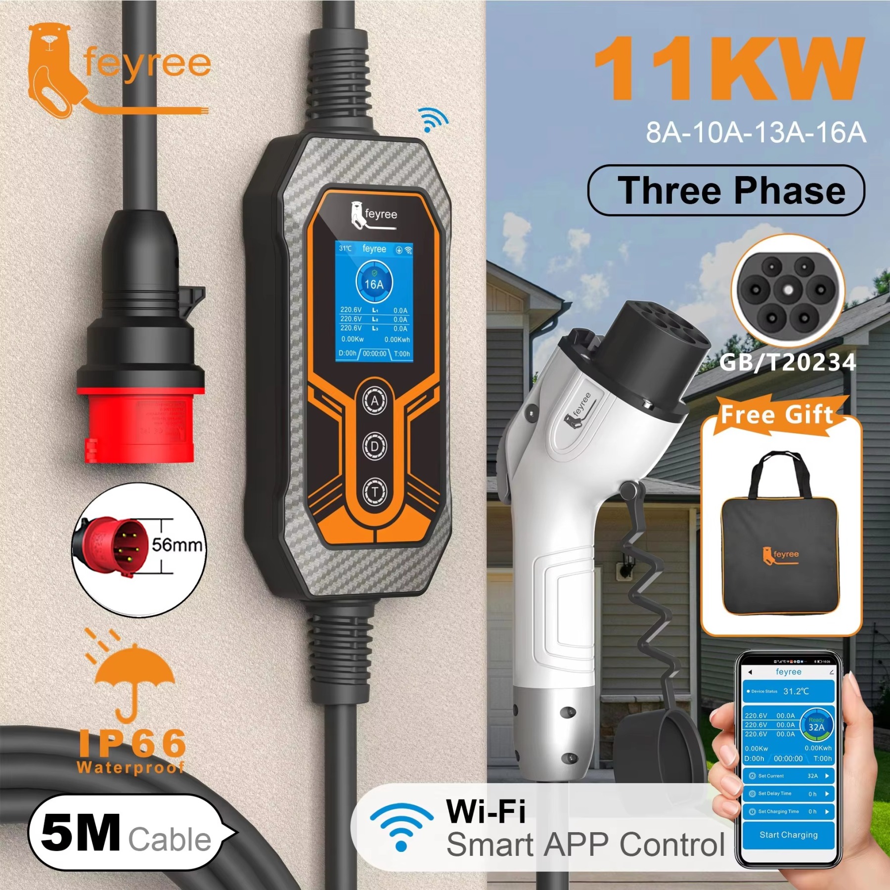 A portable 11KW, three-phase EV charger with a GB/T20234 connector and a red CEE plug. The charger has a 5-meter cable, is IP66 waterproof, and features Wi-Fi smart app control with adjustable current.