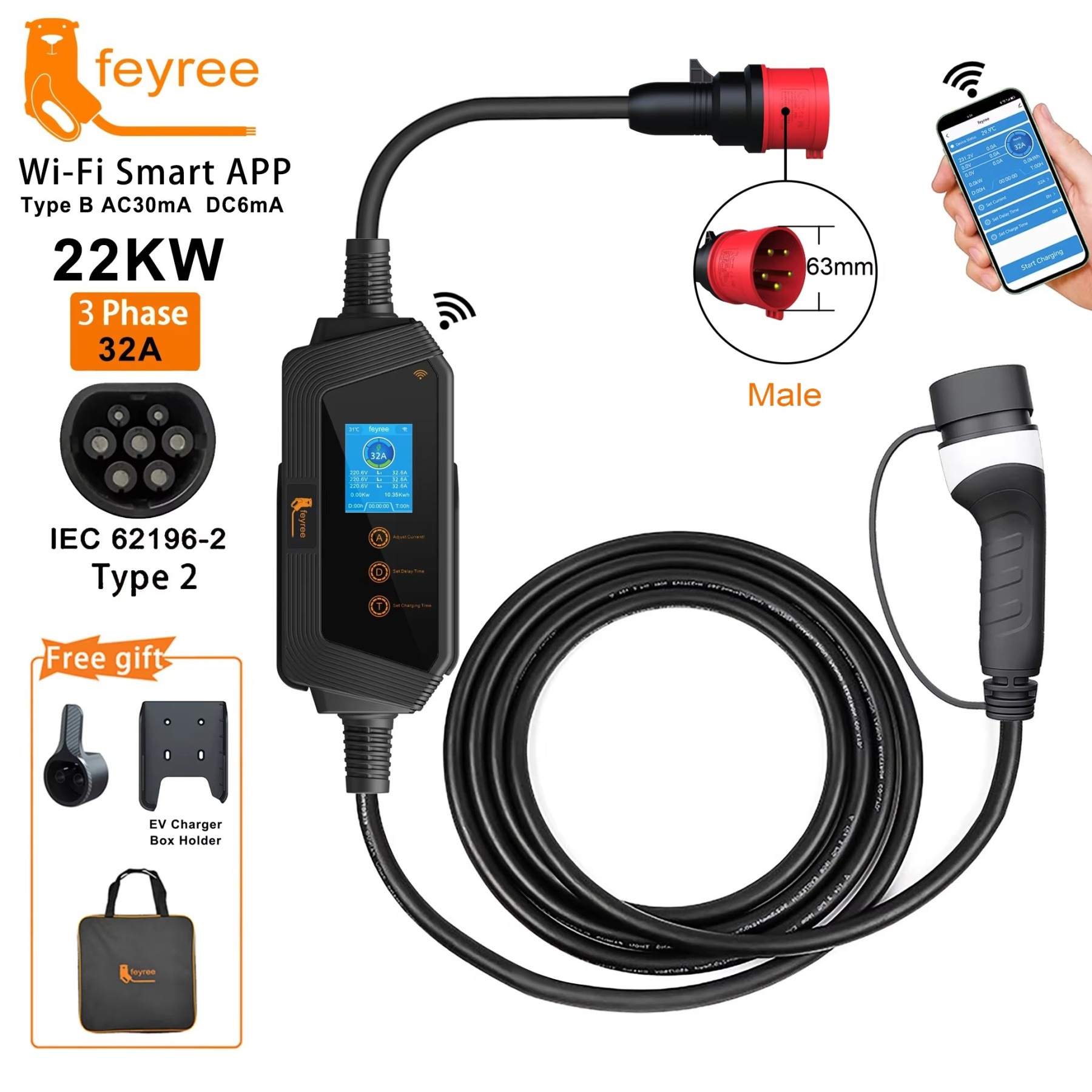 22kW, 3-phase electric vehicle charger with a Type 2 connector and Wi-Fi smart app control, shown with its included accessories like a portable bag and a wall-mount holder.
