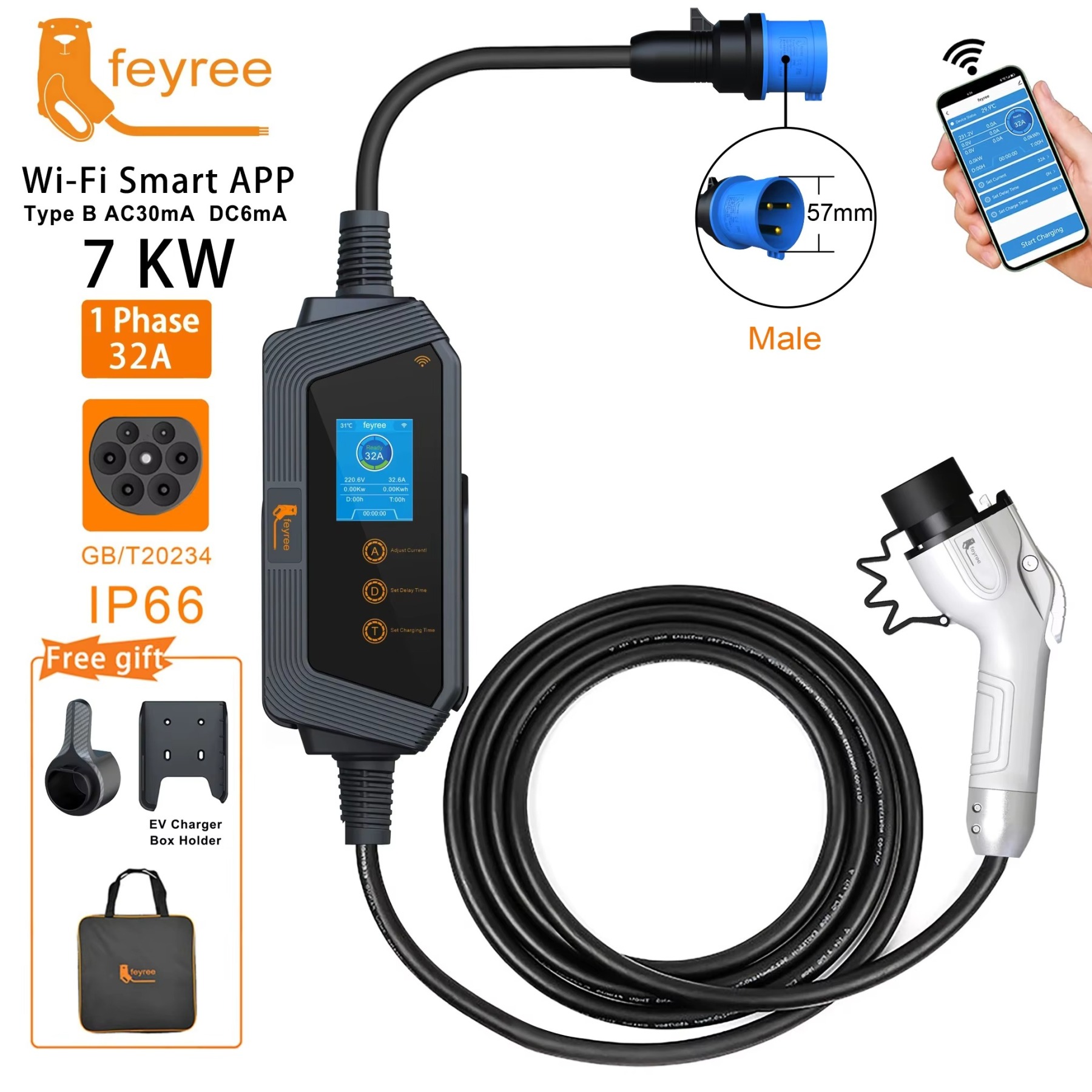 Wi-Fi enabled portable EV charger. This 7kW model is IP66 rated and includes a holder and storage bag.