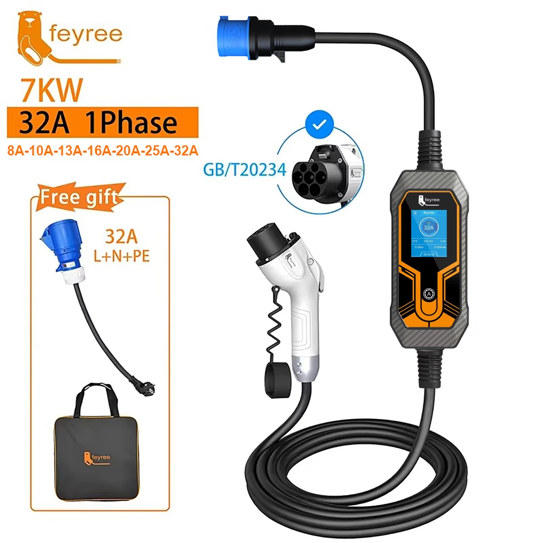 Wi-Fi enabled portable EV charger. This 7kW model has an IP66 rating and includes a holder and storage bag.
