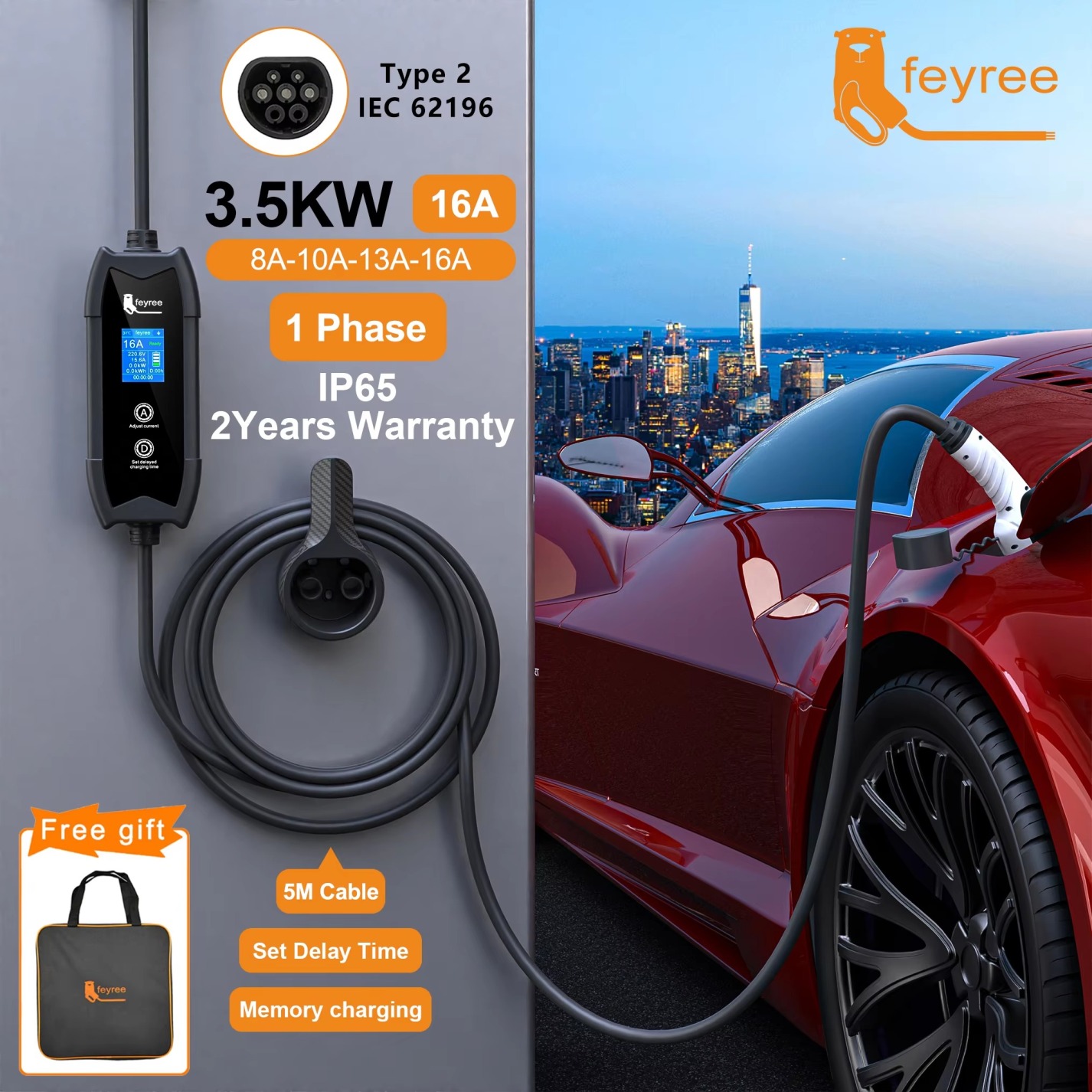 Portable 16A EV Charger Type 2 GB/T Type 1 3.5kW - 5m Cable