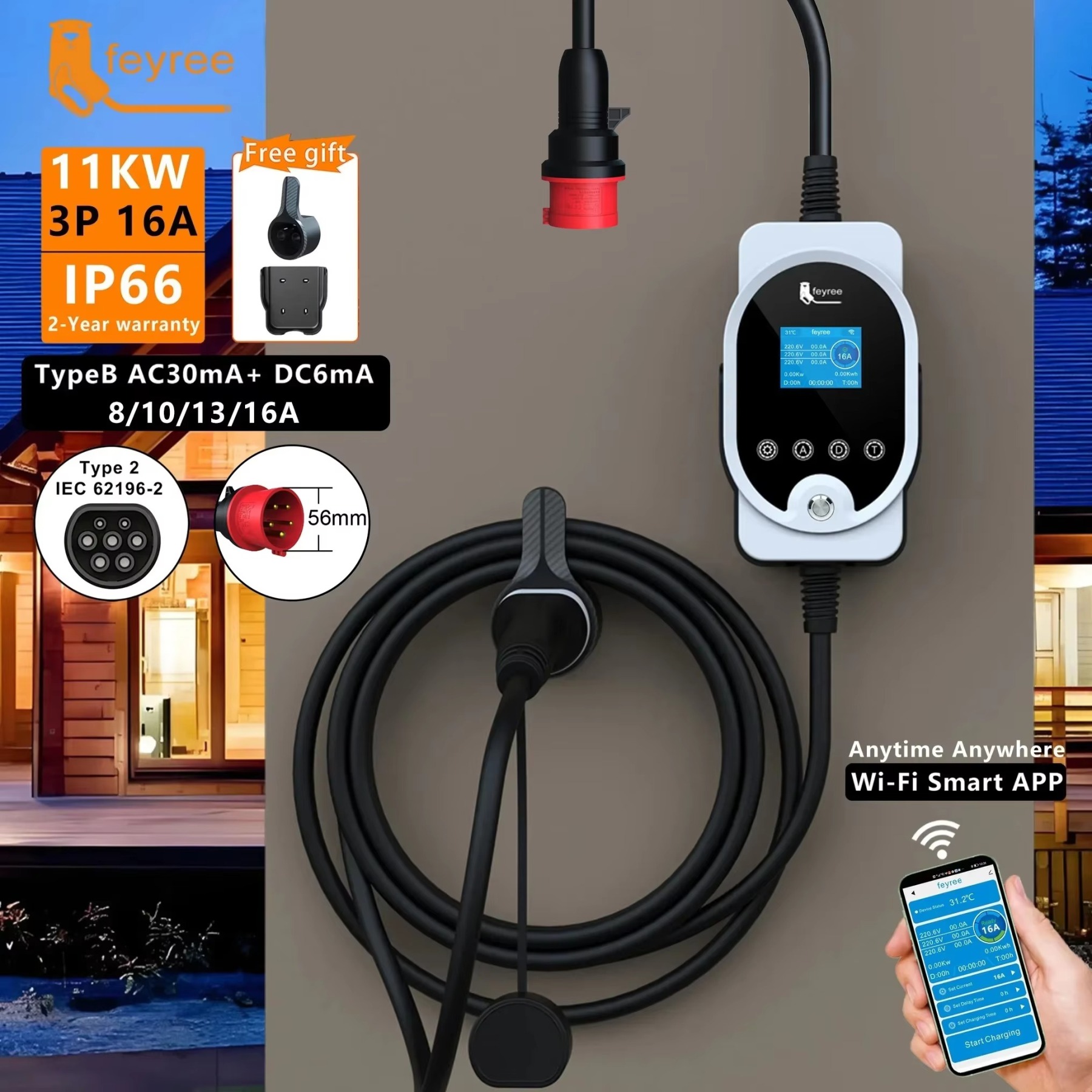 
Portable 11kW EV charger kit for flexible home and travel charging. The package includes a Type 2 charging unit, a Wi-Fi Smart App for remote control, and a free wall mount and carrying bag for both permanent and on-the-go use.