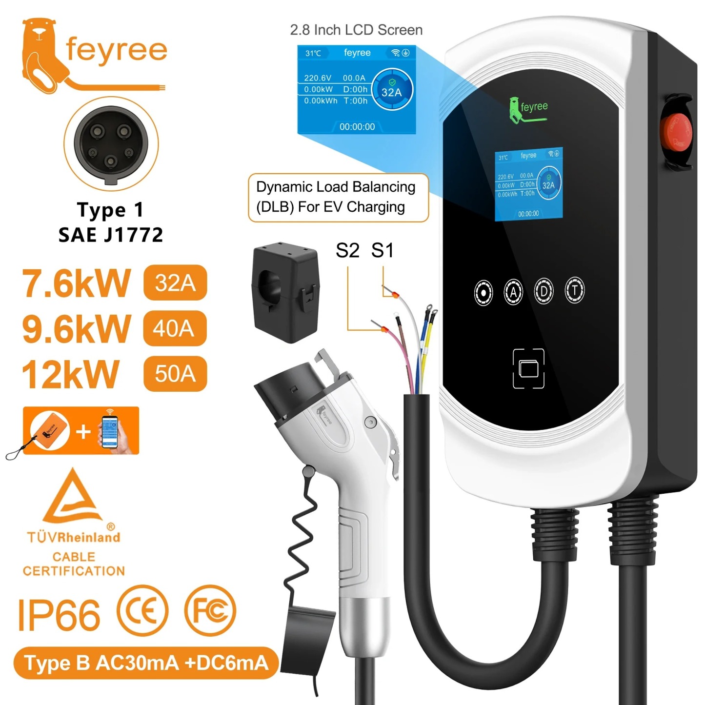 Feyree DLB Function EV Charger Type1 EVSE Wallbox 32A 7.6kW 40A 9.6kW 50A 12kW 1P J1772 Socket APP Control for Electric Vehicle