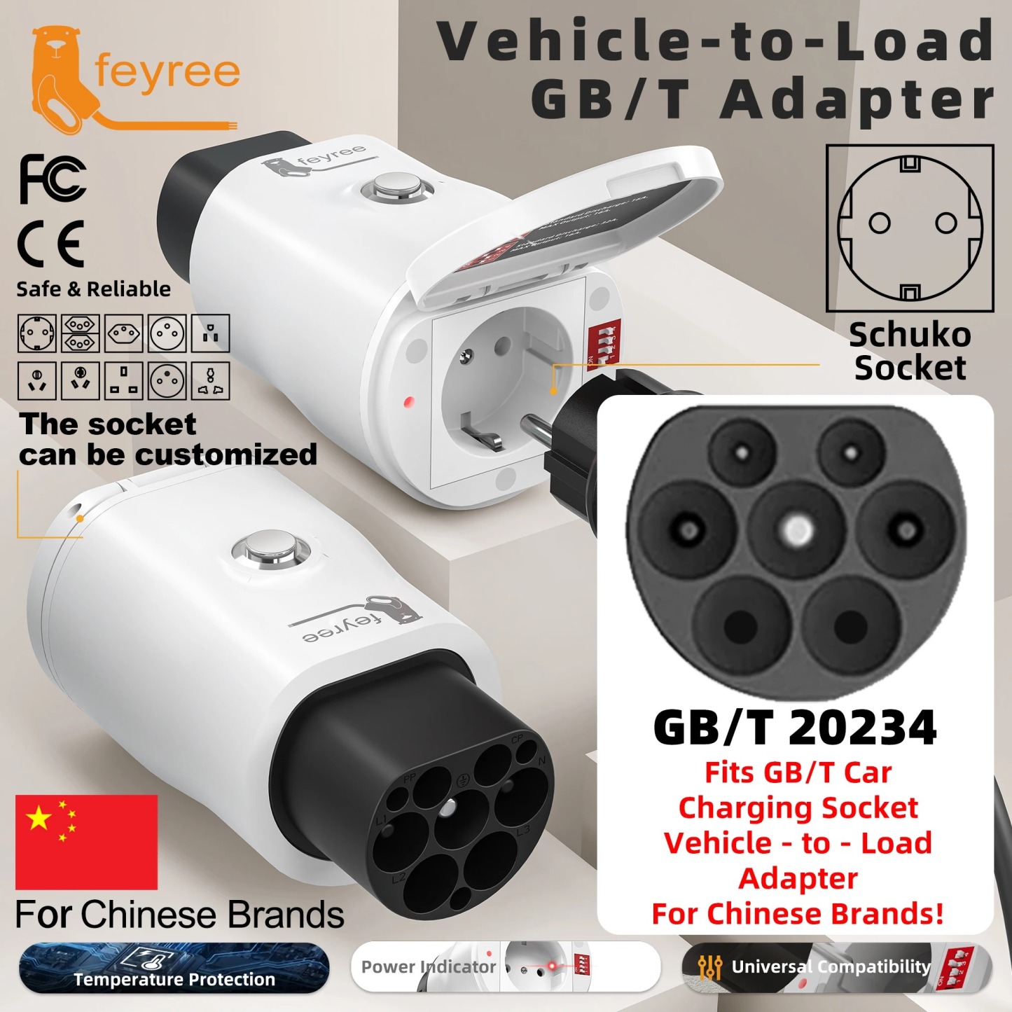 feyree GB/T EV Discharge Adapter with Temp Protection & Power Light - Adjustable Switch for Chinese EV Cars V2L for Camping Use