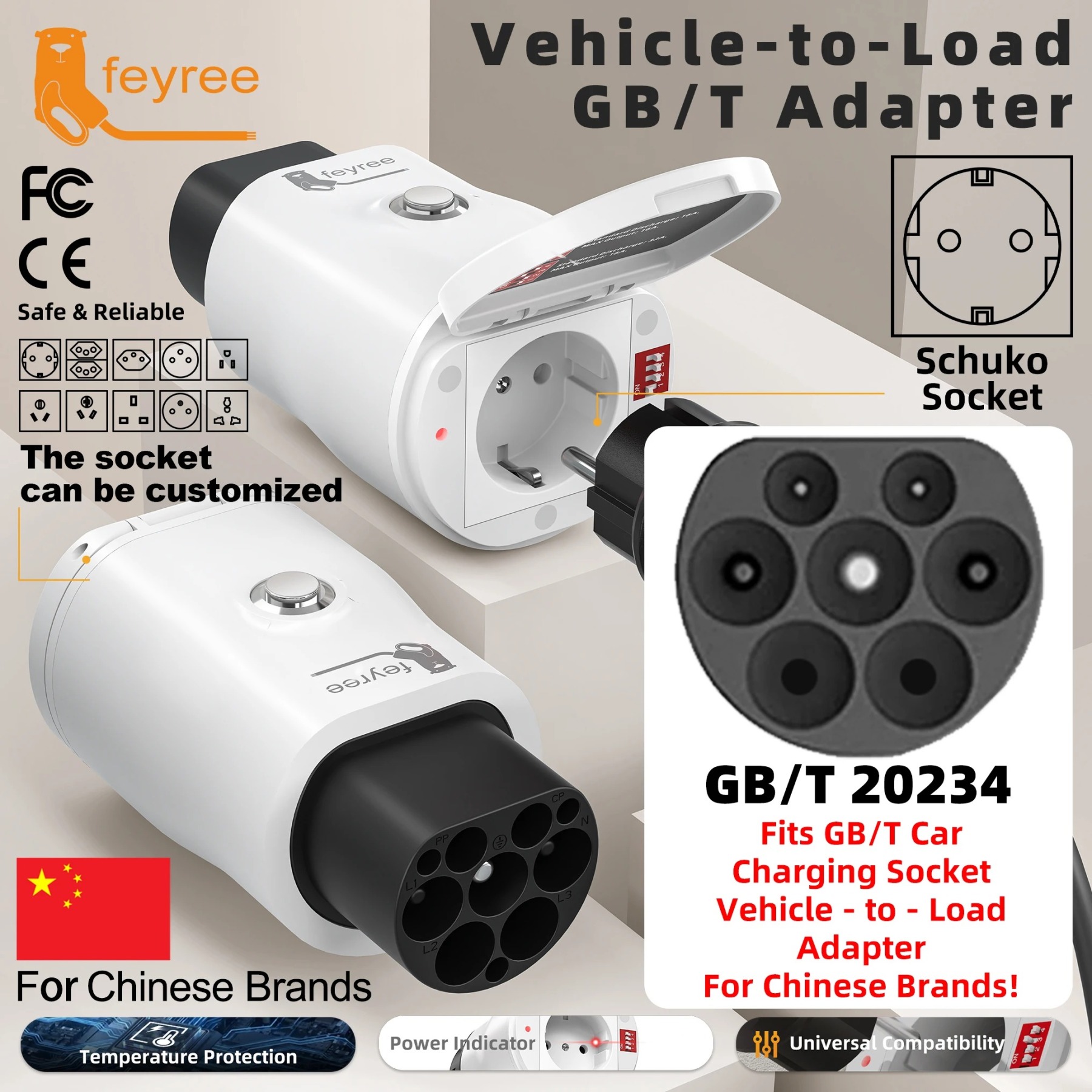 feyree GB/T EV Discharge Adapter with Temp Protection & Power Light - Adjustable Switch for Chinese EV Cars V2L for Camping Use