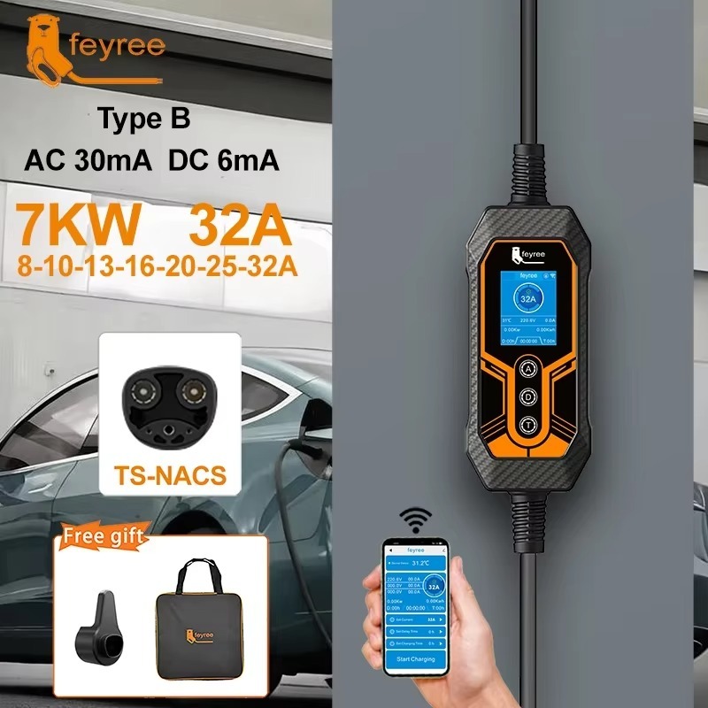 feyree Tesla EV Portable Charger NACS Socket 7KW With APP Control for Tesla Models 3/Y/S/X