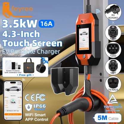 feyree Portable EV Charger 16A 3.5kW 4.3 Inch Touch Screen Compatible with Type1 / Type2 / GBT / TS-NACS Smart WiFi APP Control