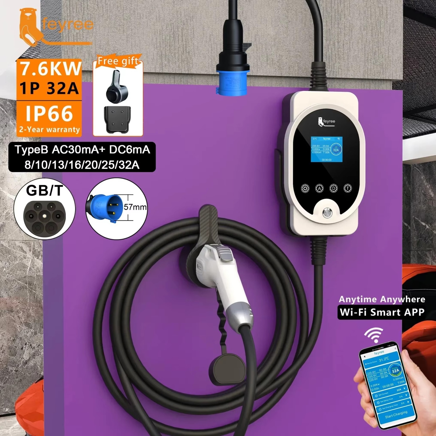 feyree GB/T EV Portable Charger 7KW With App Control