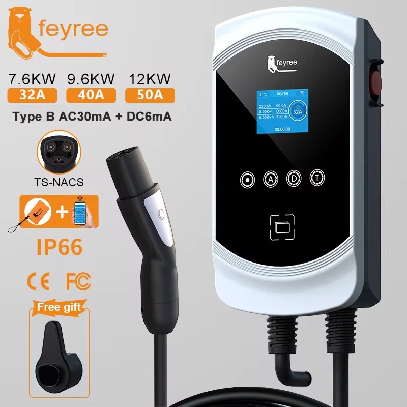 feyree EV Charging Station 32A 7.6KW Electric Vehicle Car Charger EVSE Wallbox 9.6KW 12KW 5m Cable Tesla NACS Socket APP Control-feyree