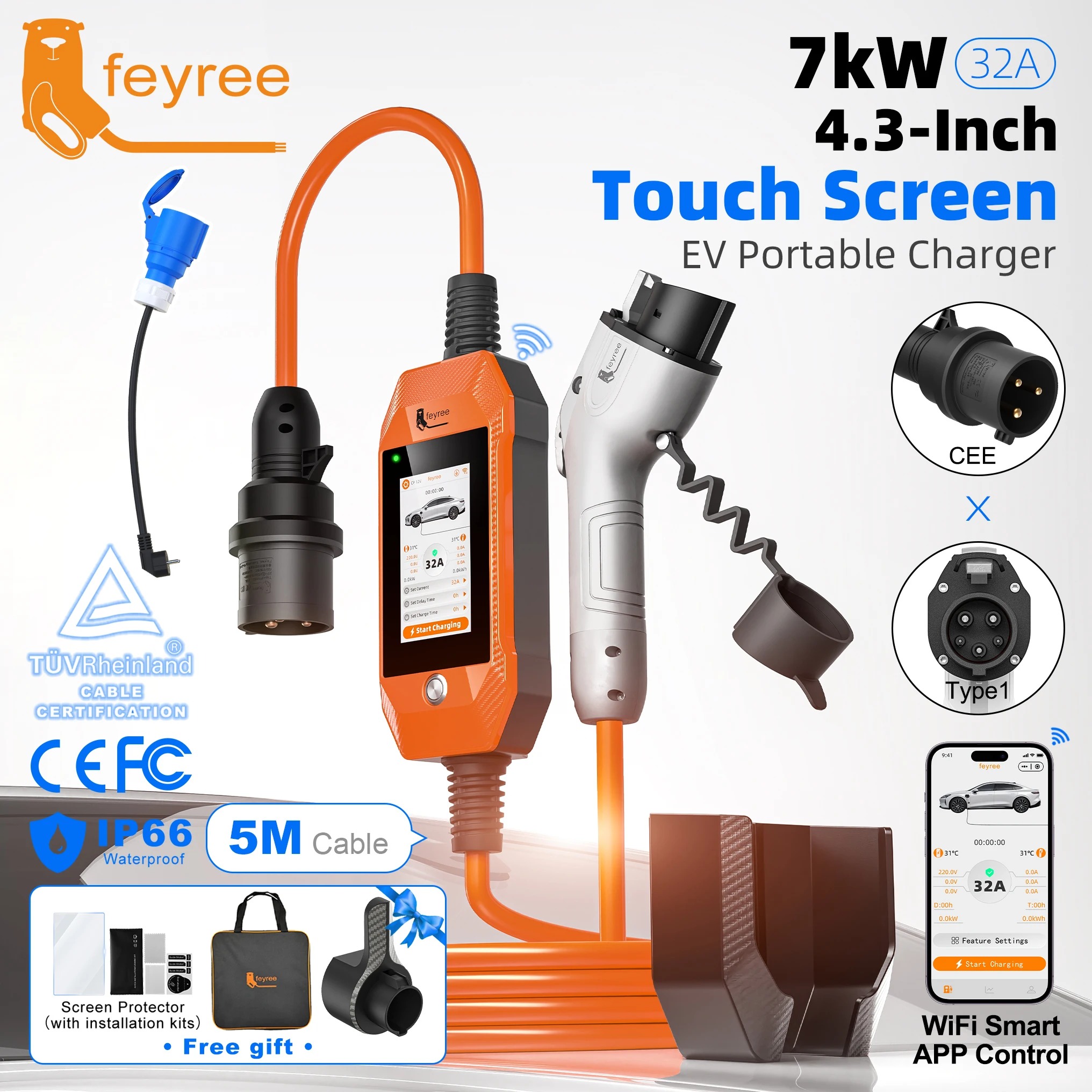 feyree 4.3'' TouchScreen  7kW Type1 Charger Portable EV Charger 