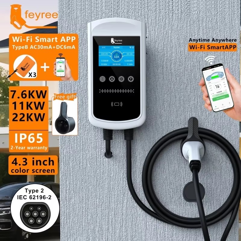 feyree Type2 EV Portable Charger 7.6KW 11KW 2KW With APP Control 4.3inch Screen