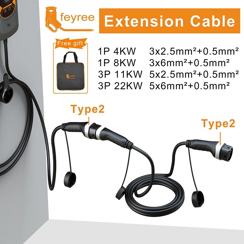 feyree EV Charging Cable 16A/32A 4kW/8kW/11kW/22kW Electric Vehicle Cord 5M Type 2 EVSE Charging Station Female to Male Plug-feyree