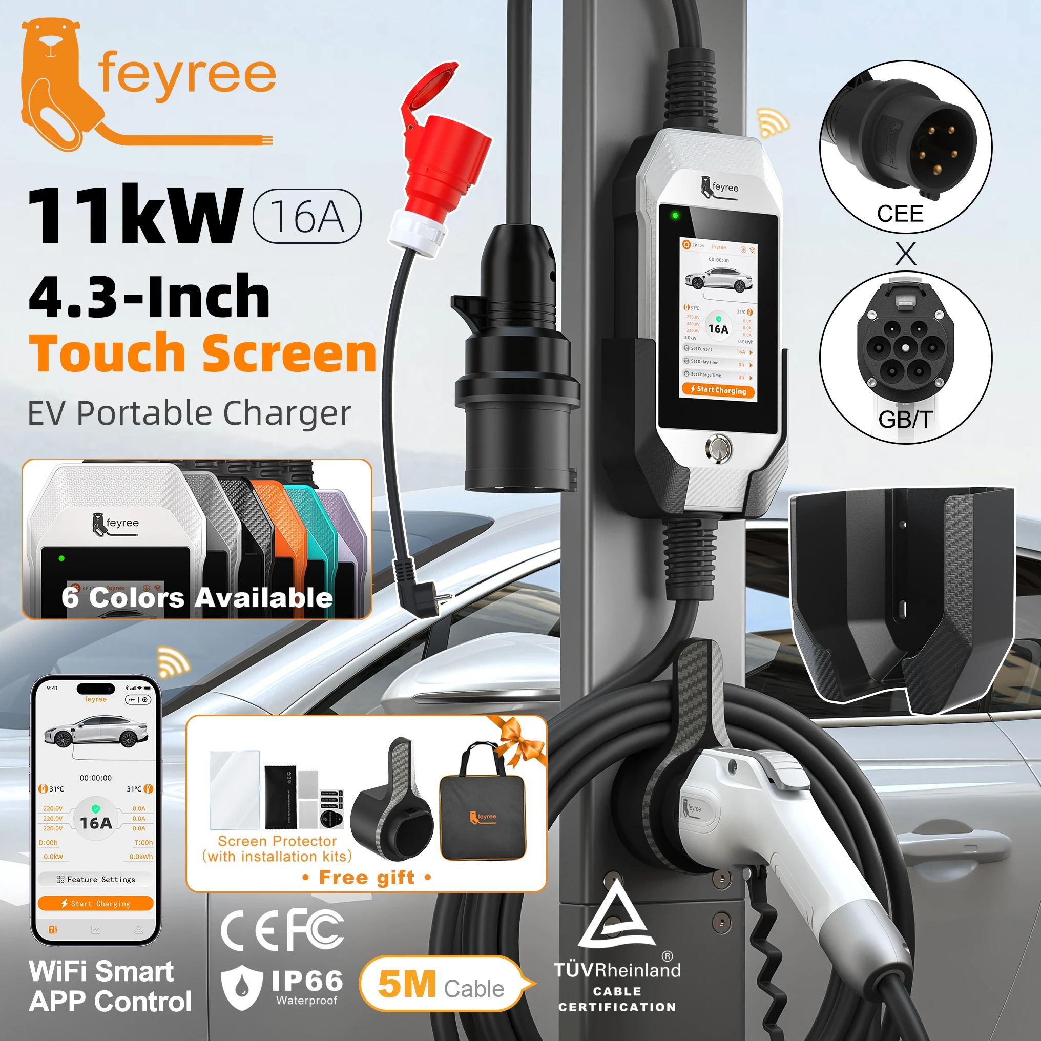 feyree EV Charger GB/T 11kW 16A 3P Car Charger 4.3inch TouchScreen Smart WIFI APP Control EVSE Charging Box with 6 Colors Option