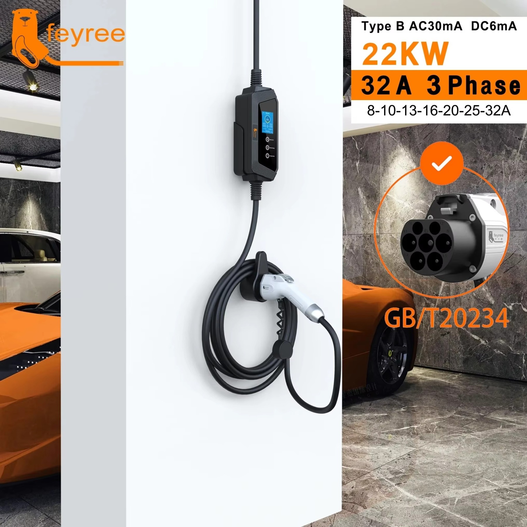 feyree GB/T 22KW 32A 3Phase Portable EV Charger GB/T Plug Fast Charging Box 5m Cable Adjust Current for Electric Car Charging Station
