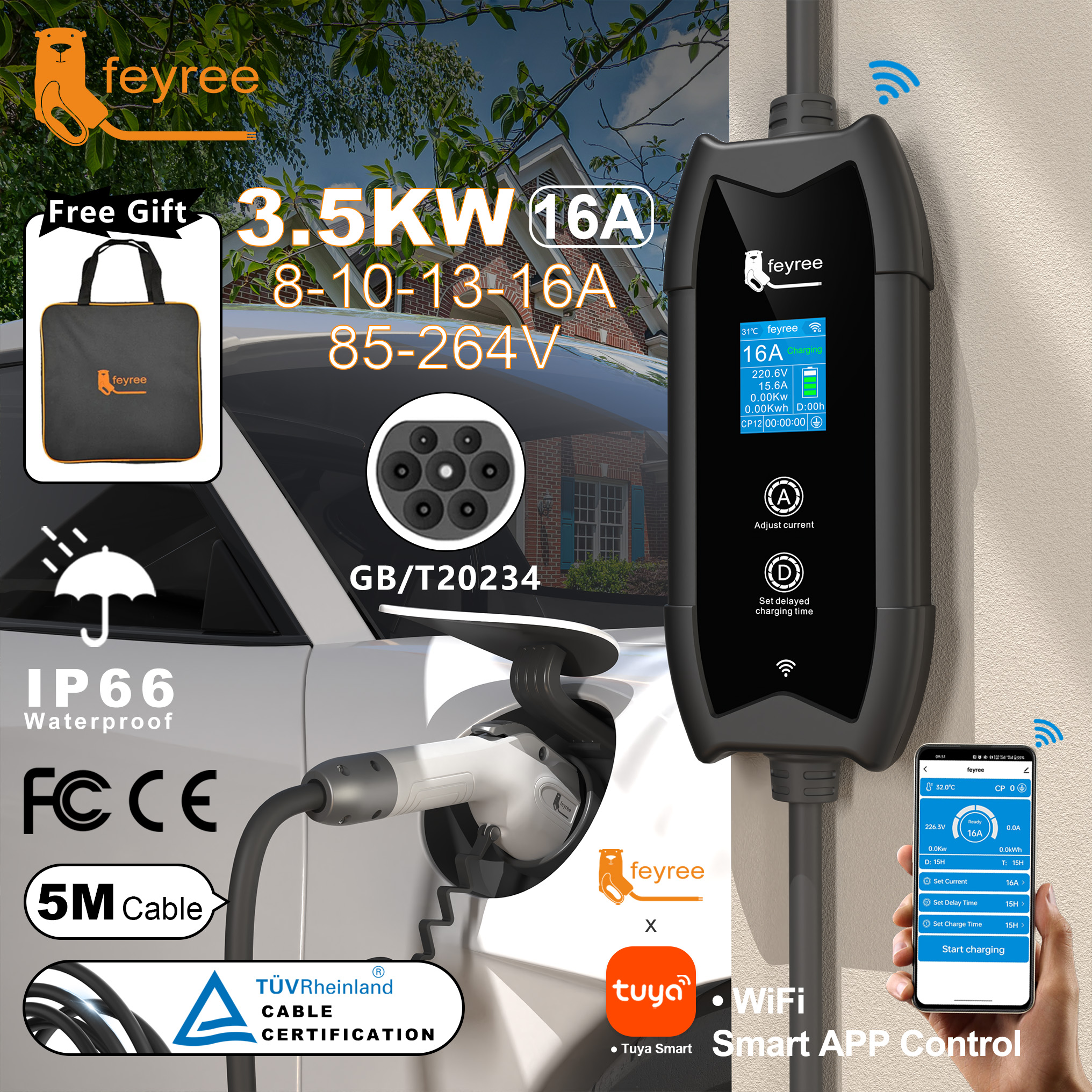 
Portable 3.5kW EV charger with a 5-meter cable and GB/T 20234 connector, featuring Wi-Fi smart app control for convenient use.