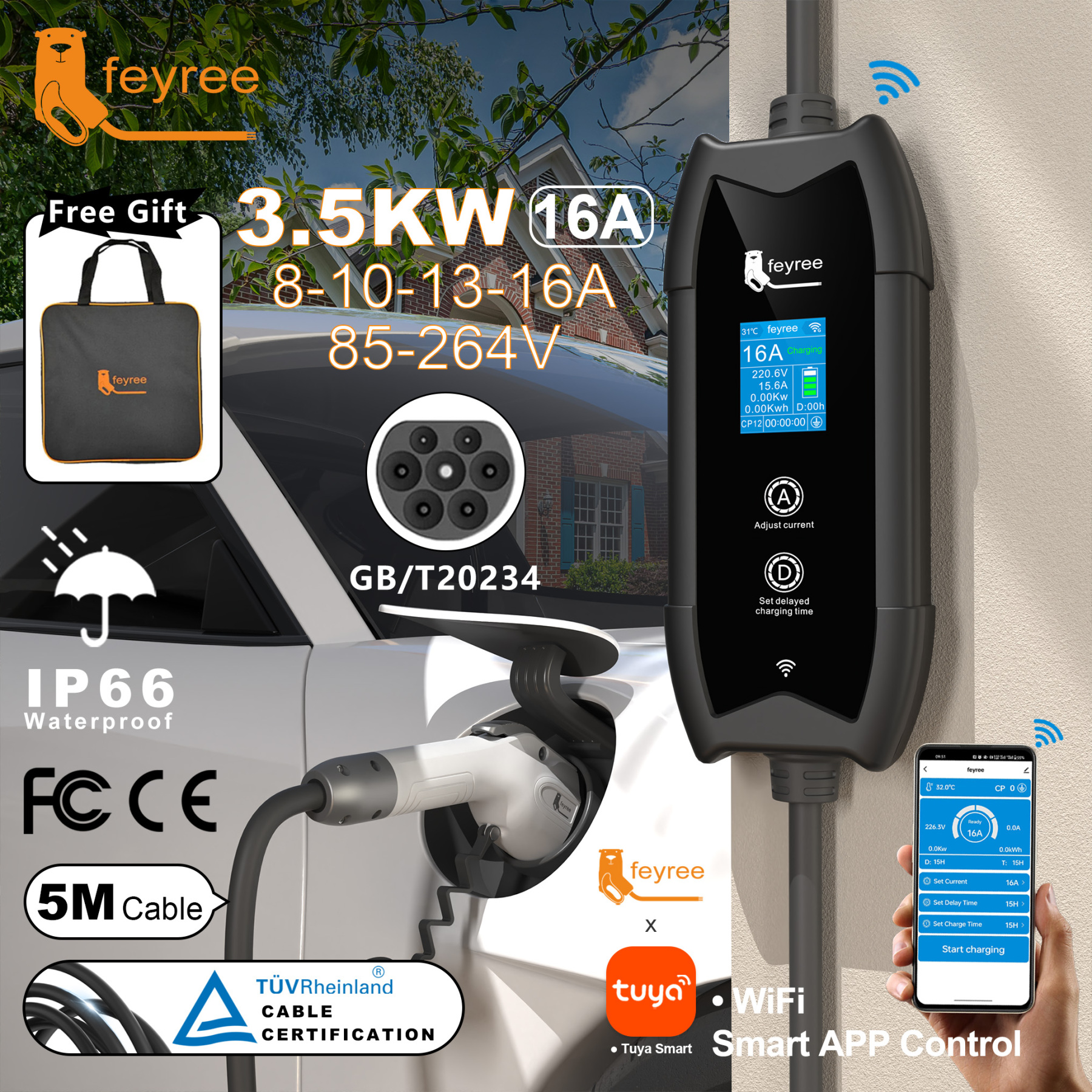 
Portable 3.5kW EV charger with a 5-meter cable and GB/T 20234 connector, featuring Wi-Fi smart app control for convenient use.
