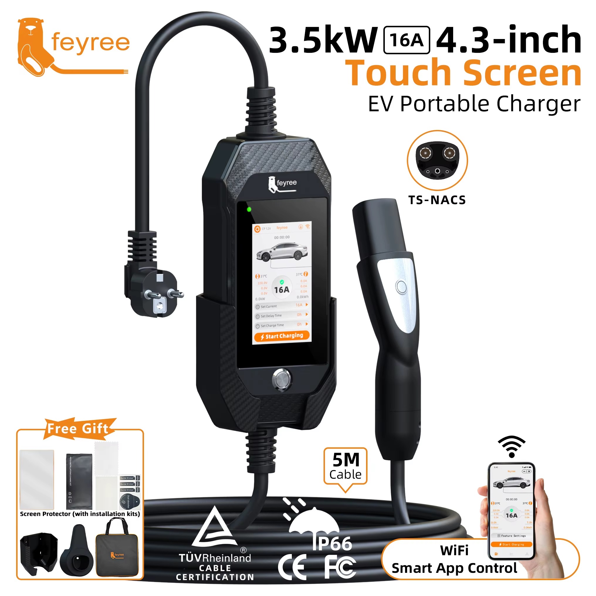 feyree 4.3in Touchscreen Portable EV Charger For 3.5kW 16A 1Phase Tesla With WiFi APP Control EVSE Wallbox For EV Car Charging