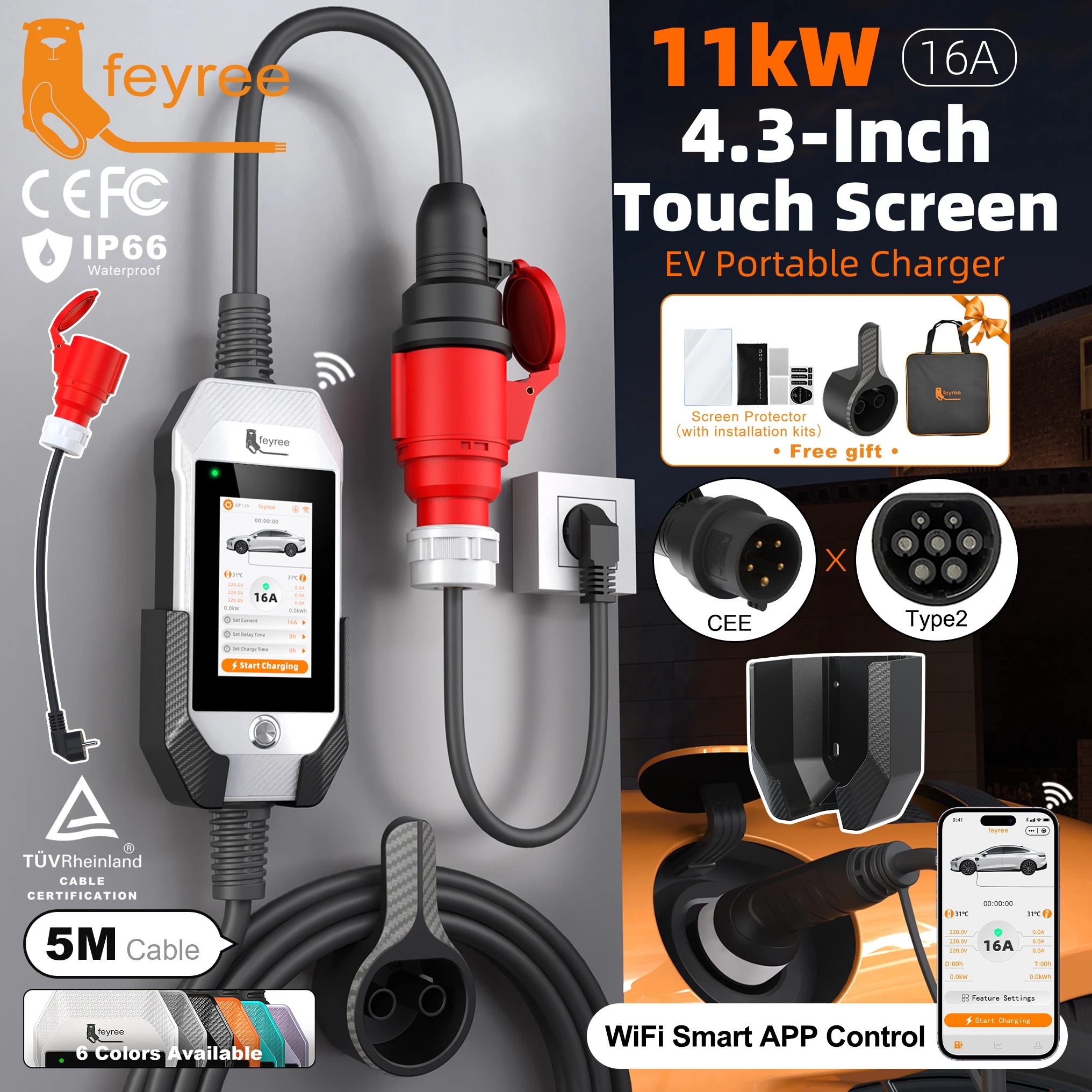 feyree Portable EV Charger 11kW 16A 3P Fast Charging Type2 Socket 4.3inch Touch Screen Design Smart WIFI APP Control AC Charger