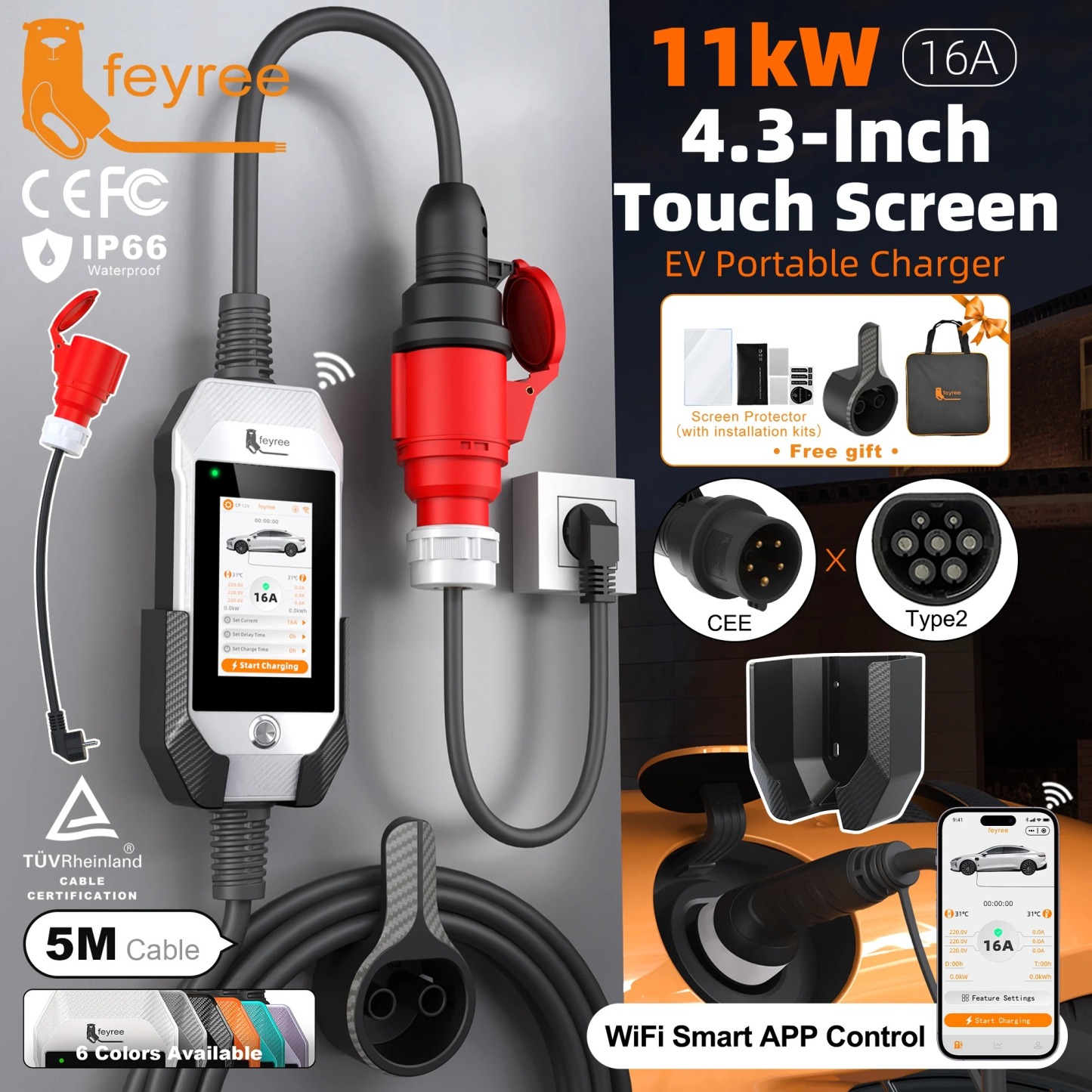 feyree Portable EV Charger 11kW 16A 3P Fast Charging Type2 Socket 4.3inch Touch Screen Design Smart WIFI APP Control AC Charger