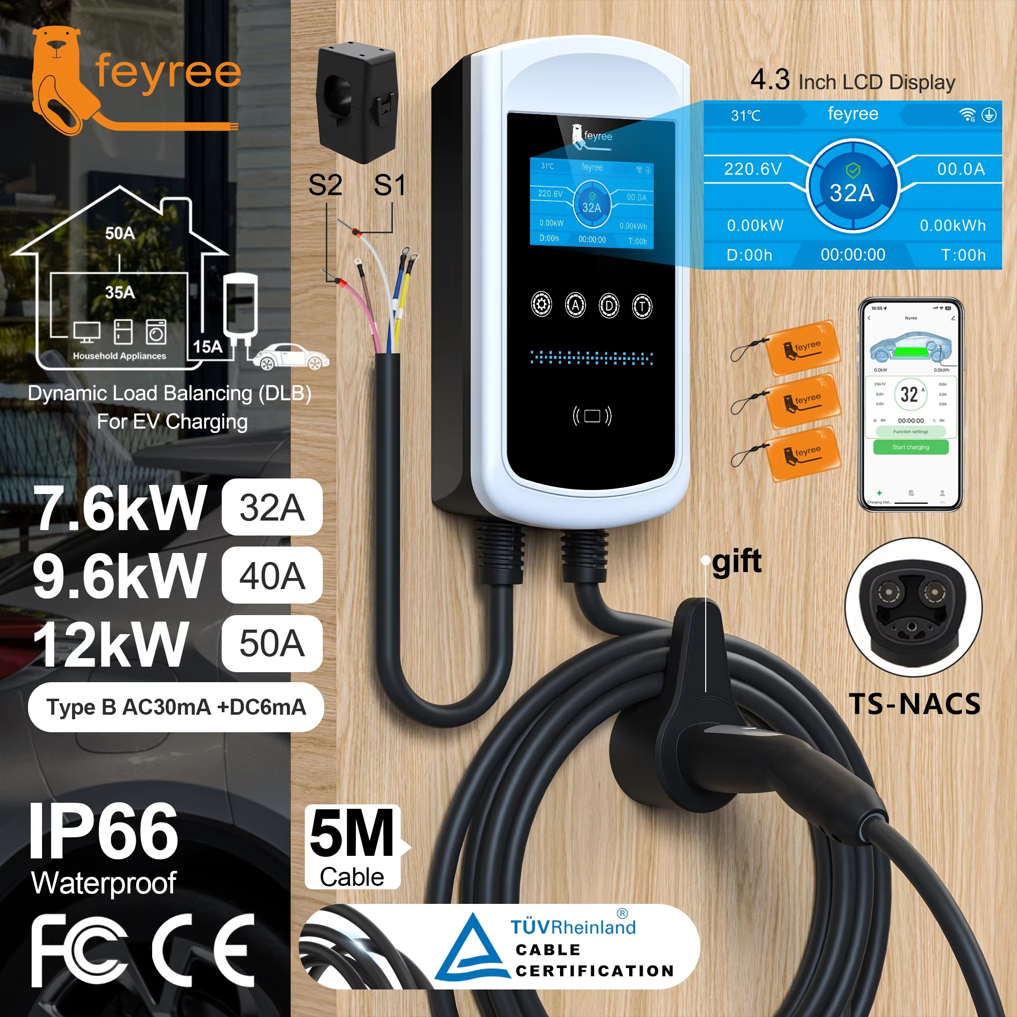 Feyree Dynamic Load Balancing EV Charging Station 32A 7kW TS-NACS Charger Plug Car Charger EVSE Wallbox 9.6kW 12kW APP Control
